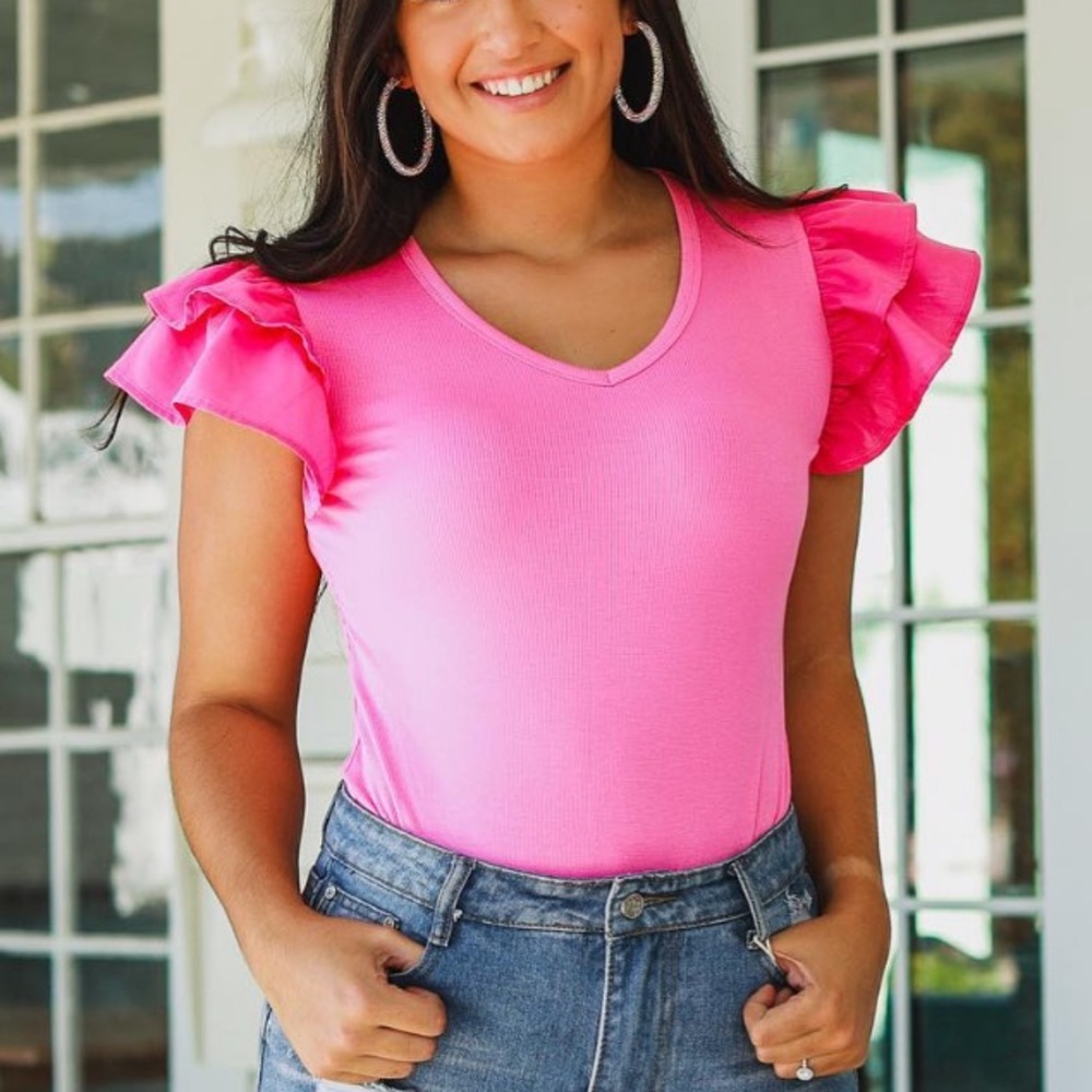 NWT Grace & Emma Love On Top Bodysuit in Hot Pink with Ruffle Sleeves